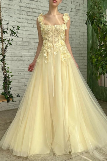 Trendy Yellow Junior A-line Square Neck Appliques Princess Prom Gown JTE796