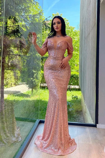Trendy Rose Gold Long Sleeve Off The Shoulder Sequin Mermaid Evening Gown JTE798