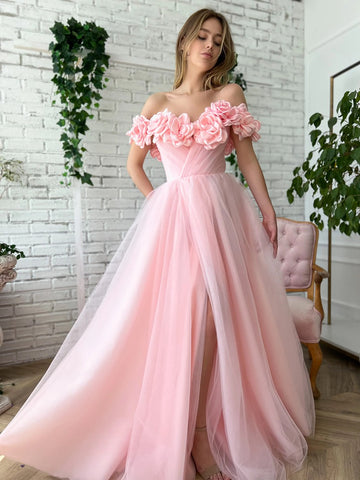 Trendy Pink Junior Applique Off-the-shoulder A-line Evening Gown JTE801