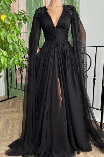 Trendy A-line Black V-neck Tulle Prom Gown JTE807