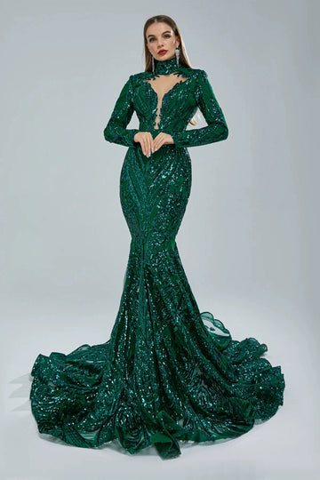 Trendy Dark Green Long Sleeve High Neck Mermaid Evening Gown JTE811