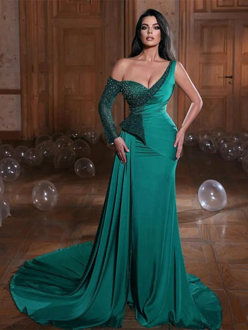 Emerald Green Mermaid Beaded One Shoulder Sweetheart Evening Gown JTE816