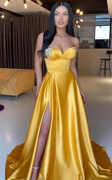 Trendy Yellow A-line Satin Slit Prom Gown JTE825