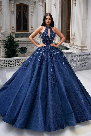 Trendy Navy-Blue Halter Neck Applique Ball Gown Prom Gown JTE829