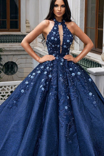 Trendy Navy-Blue Halter Neck Applique Ball Gown Prom Gown JTE829
