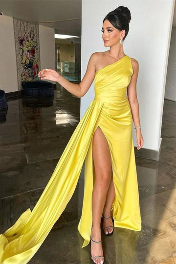 Trendy Yellow Satin Sexy Slit Sheath Evening Gown JTE832