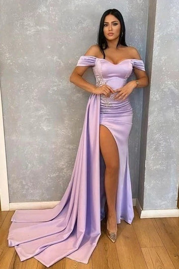 Trendy Purple Lilac Off-The-Shoulder Satin Sexy Slit Mermaid Evening Gown JTE833