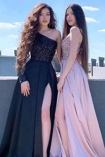 Trendy Black One-Shoulder Junior Satin Sexy Slit A-line Evening Gown JTE834