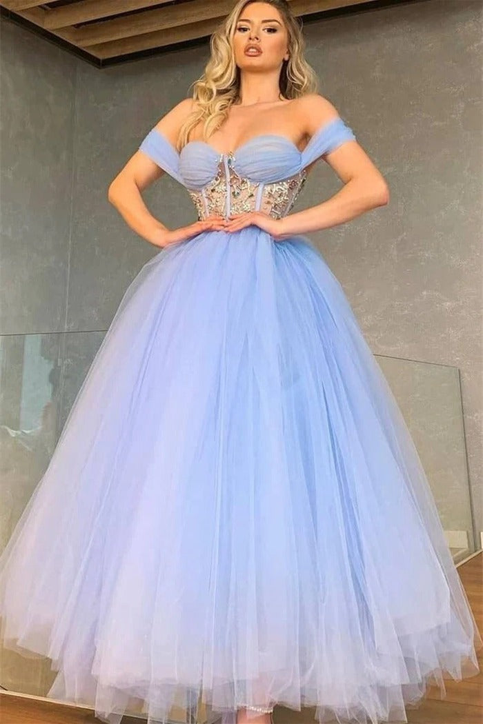 Trendy Blue Off-The-Shoulder Junior Tulle Princess Prom Gown JTE835 Trendy Blue Off-The-Shoulder Junior Tulle Princess Prom Gown JTE835