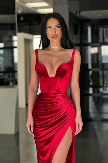 Trendy Red Straps Slit Mermaid Evening Gown JTE847
