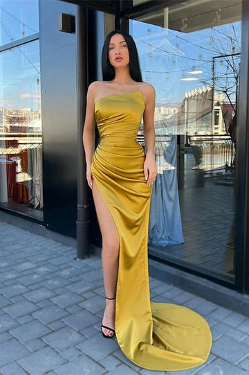 Trendy Yellow Satin Slit Mermaid Evening Gown JTE850