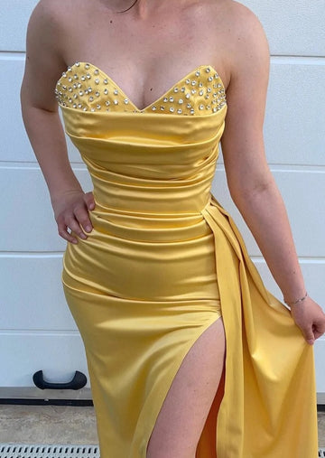 Trendy Yellow Sweetheart Plus Size Sexy Slit Mermaid Prom Gown JTE869
