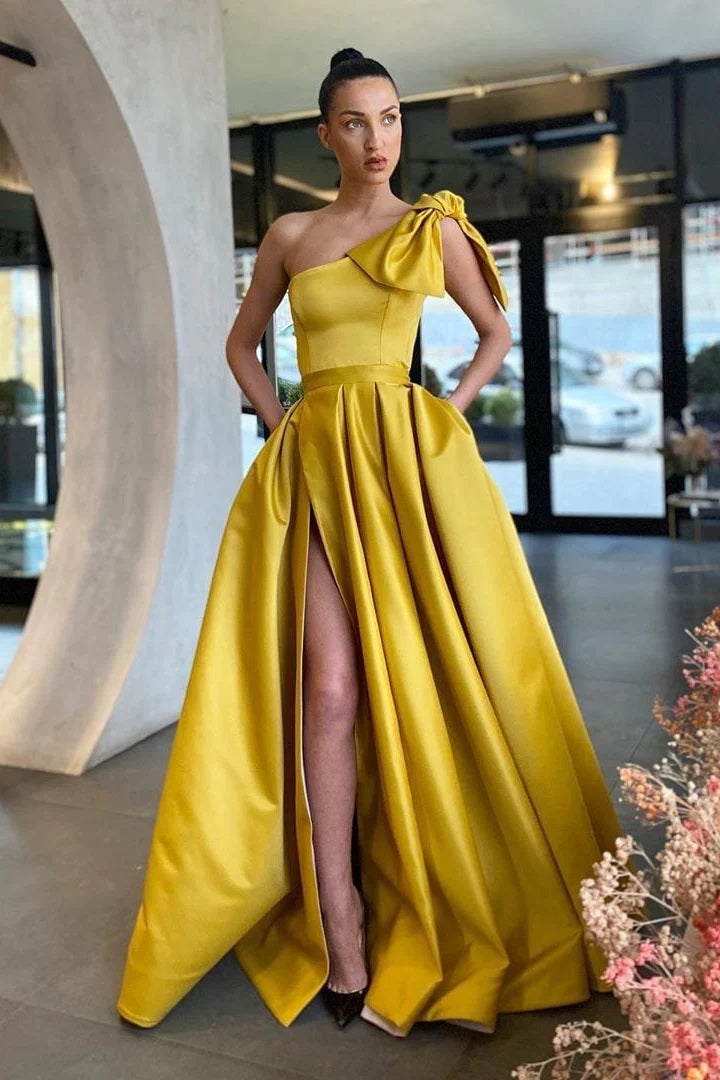 Trendy Yellow One Shoulder Satin A-line Prom Gown JTE870 Trendy Yellow One Shoulder Satin A-line Prom Gown JTE870