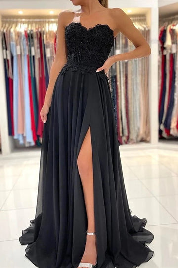 Trendy Black Sweetheart Junior Slit A-line Evening Gown JTE886