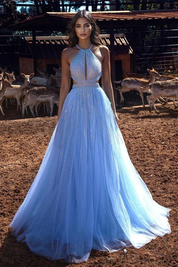 Trendy Blue Halter Princess A-line Prom Gown JTE891