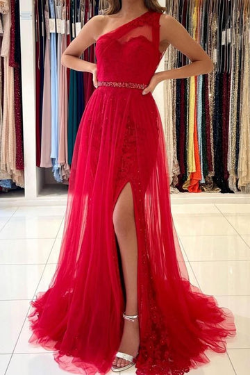 Trendy Dusty Red One Shoulder Slit A-line Evening Gown JTE896