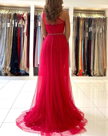 Trendy Dusty Red One Shoulder Slit A-line Evening Gown JTE896