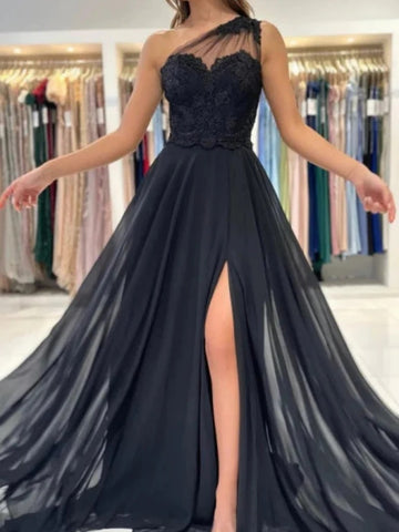 Trendy Black One Shoulder Lace Beading Slit A-line Prom Gown JTE902