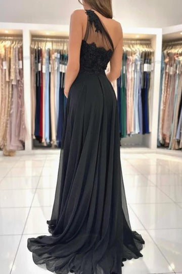Trendy Black One Shoulder Lace Beading Slit A-line Prom Gown JTE902