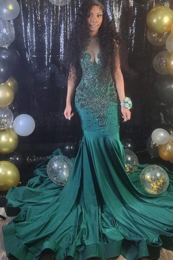 Trendy Dark Green Illusion Lace Beading Mermaid Evening Gown JTE906 Trendy Dark Green Illusion Lace Beading Mermaid Evening Gown JTE906