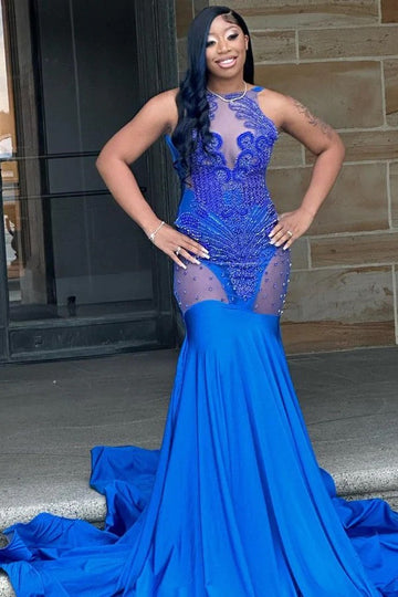 Trendy Royal Blue Illusion Lace Beading Mermaid Evening Gown JTE907