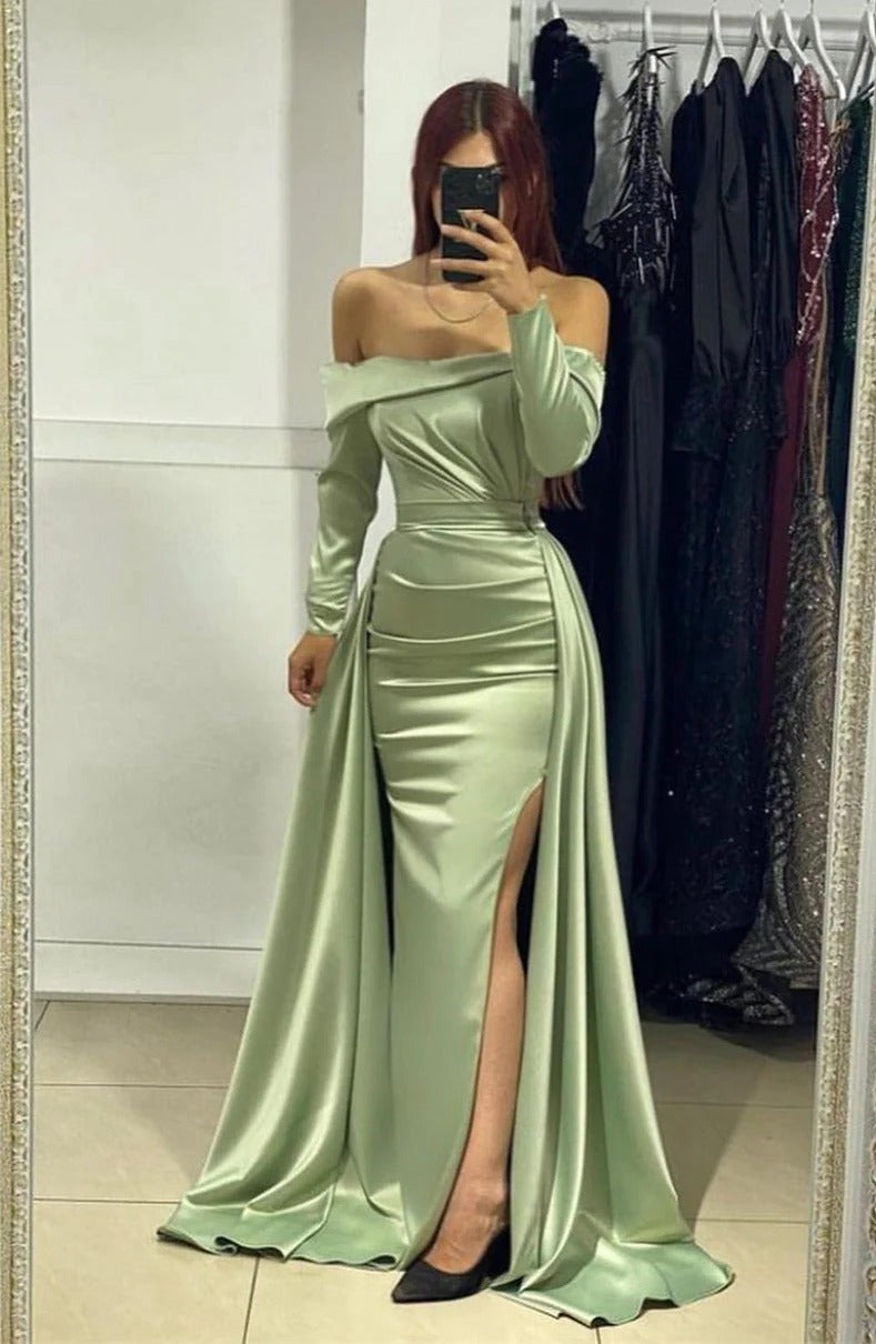 Trendy Sage Green Off-the-Shoulder Long Sleeve Satin Mermaid Evening G Trendy Sage Green Off-the-Shoulder Long Sleeve Satin Mermaid Evening G