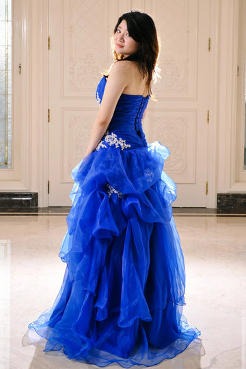 Trendy Royal Blue Junior Organza Applique Princess Prom Gown JTE914
