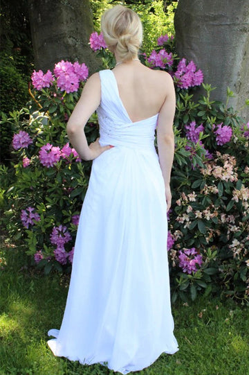 Trendy White One Shoulder Junior Chiffon Slit A-line Prom Gown JTE916
