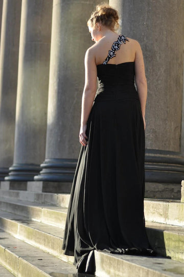 Trendy Black One Shoulder Junior Chiffon Slit A-line Prom Gown JTE918