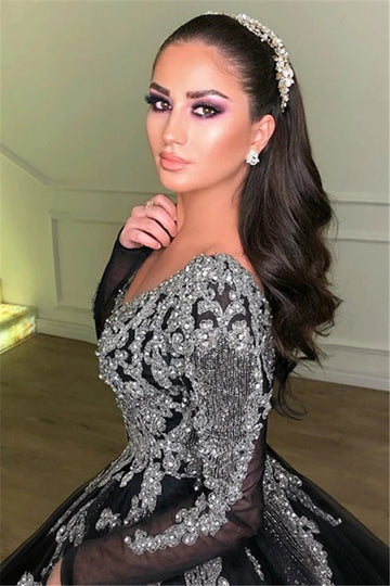 Trendy Black Long Sleeve V-neck Ball Gown Prom Gown JTE919