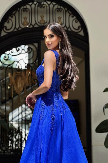 Trendy Royal Blue Junior Straps Lace A-line Prom Gown JTE920