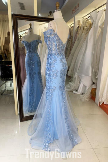 Trendy Blue Junior Off-the-shoulder Straps Lace Beading Mermaid Prom Gown JTR005