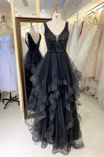 Trendy A-line V-neck Ruffles Black Sequin Prom Gown JTR012