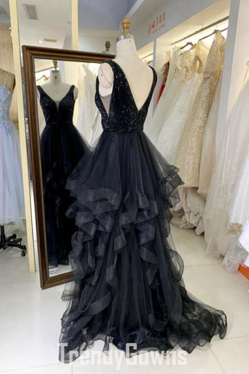 Trendy A-line V-neck Ruffles Black Sequin Prom Gown JTR012
