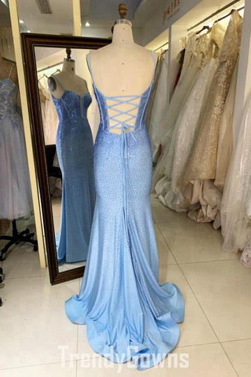 Trendy Blue Straps Mermaid Prom Gown JTR014