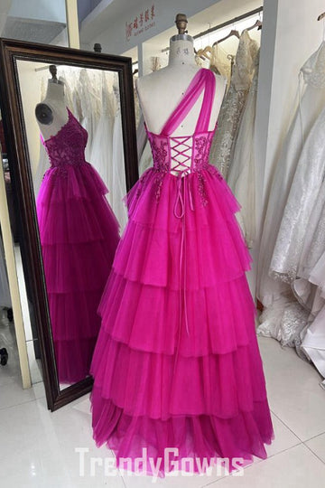 Trendy Dark Fuchsia One Shoulder Ruffles Junior A-line Prom Gown JTR016