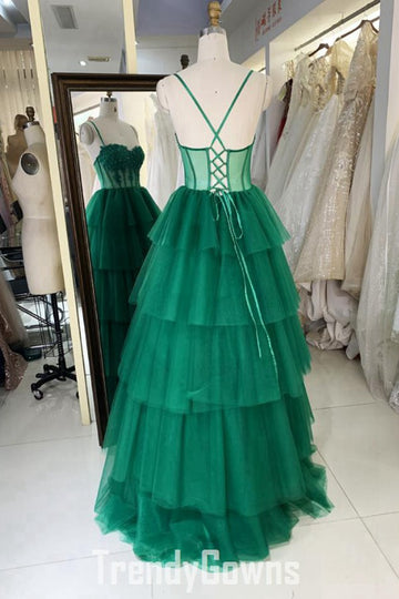 Trendy Dark Green Ruffles Straps Junior A-line Prom Gown JTR017