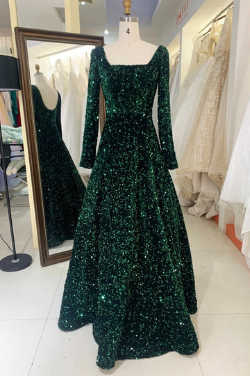 Trendy Dark Green Sequin Long Sleeve A-line Mother Prom Gown JTR021