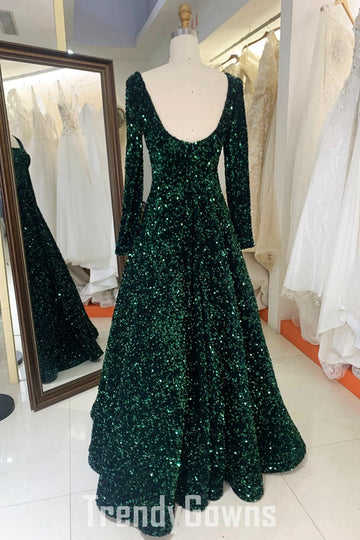 Trendy Dark Green Sequin Long Sleeve A-line Mother Prom Gown JTR021
