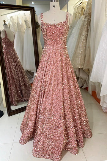 Trendy Pink Sequin Spaghetti-Straps A-line Prom Gown JTR022