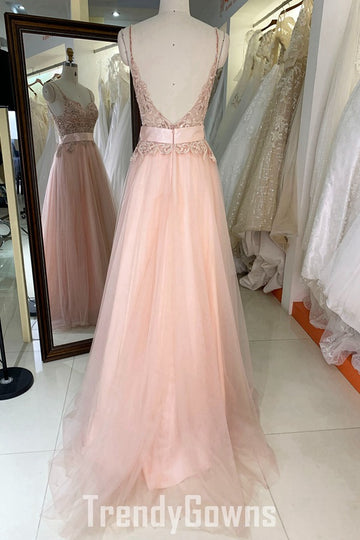 Trendy Pink Tulle Junior Spaghetti-Straps A-line Prom Gown JTR027