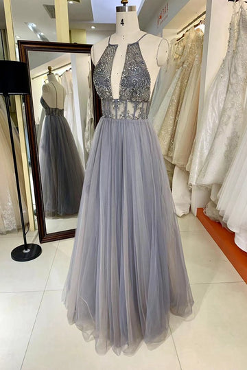 Trendy Gray Spaghetti-Straps Junior Beading A-line Prom Gown JTR031