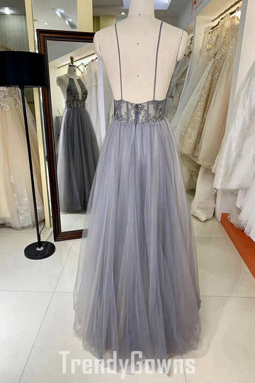 Trendy Gray Spaghetti-Straps Junior Beading A-line Prom Gown JTR031