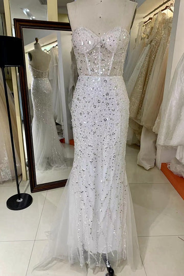 Trendy White Sweetheart Junior Strapless Mermaid Prom Gown JTR033