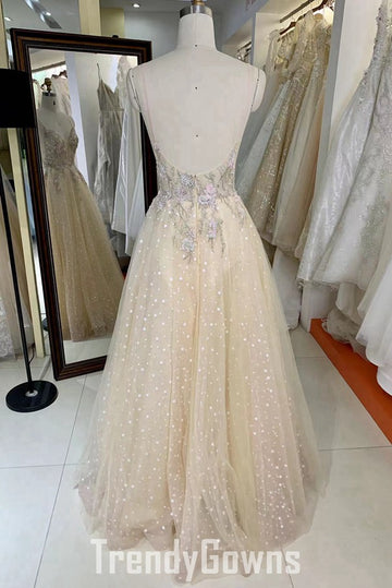 Trendy Champagne Junior Spaghetti-Straps Lace Princess Prom Gown JTR039