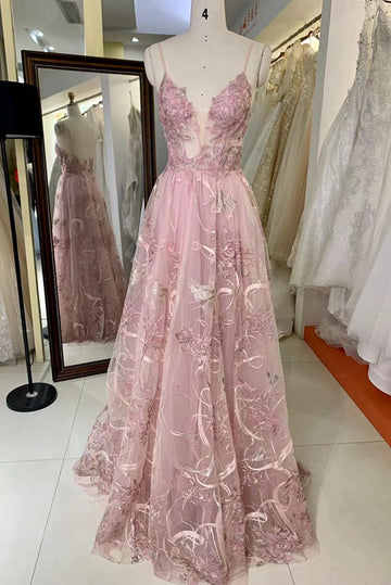 Trendy Pink Junior Spaghetti-Straps Lace A-line Prom Gown JTR040