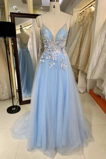 Trendy Blue Spaghetti-Straps Junior A-line Prom Gown JTR042