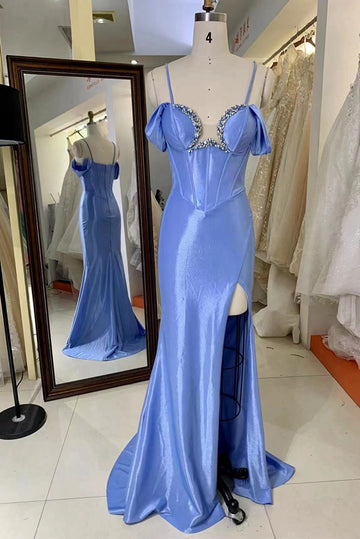 Trendy Blue Straps Sexy Slit Mermaid Prom Gown JTR050