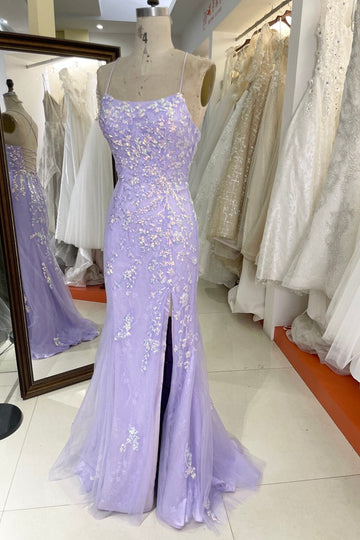 Trendy Purple Lilac Lace Spaghetti-Straps Mermaid Prom Gown JTR053