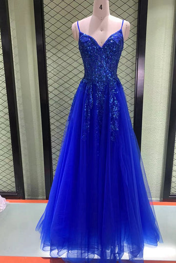 Trendy Royal Blue Tulle Junior Spaghetti-Straps A-line Prom Gown JTR054